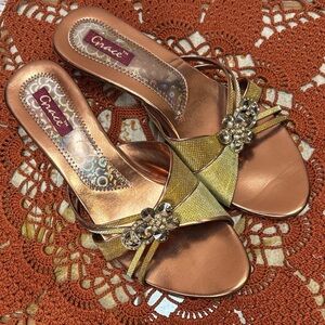 Grace Bronze & Gold Rhinestone Kitten Heel Sandals